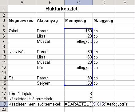 DARABTELI(tartomány;kritérium) A tartomány területen található kritérium feltételnek megfelelı cellák mennyiségét adja