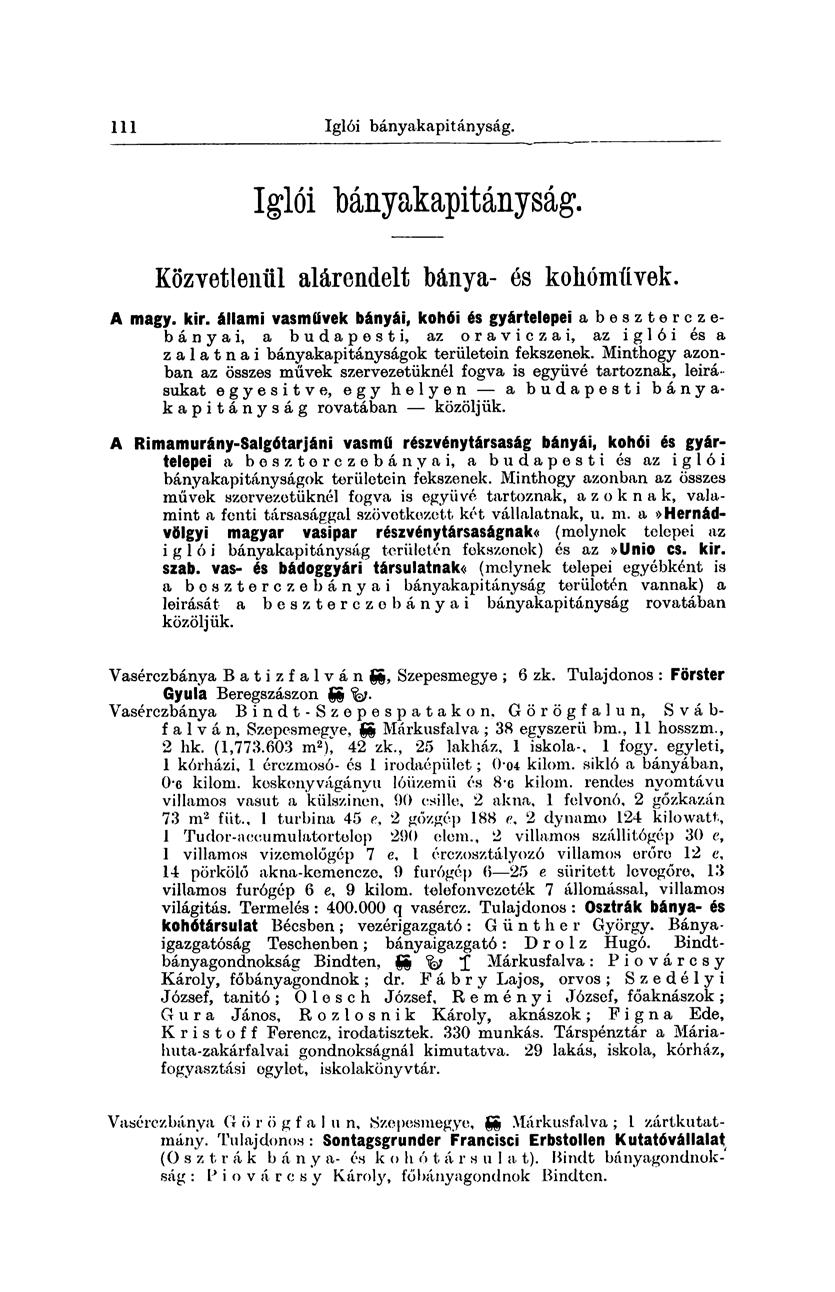 111 Oraviczai bányakapitányság. Iglói bányakapitányság. Közvetlenül alárendelt bánya- és kolióművek. A magy. kir.
