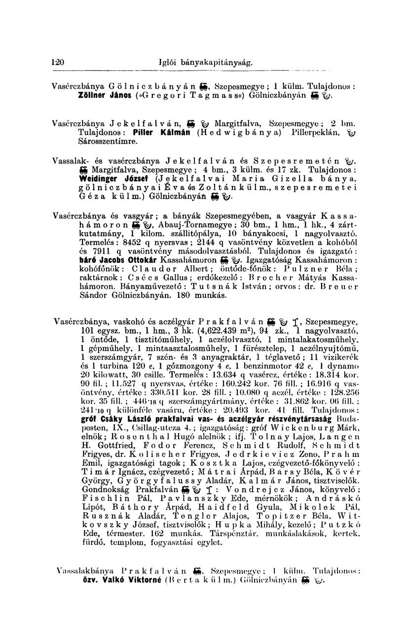 1*20 Iglói bányakapitányság. Vasérczbánya Gölniczbányán gg, Szepesmegye ; 1 külm. Tulajdonos : Zöllner János (»Gregori Tagmass«) Gölniczbányán ffc-fa.