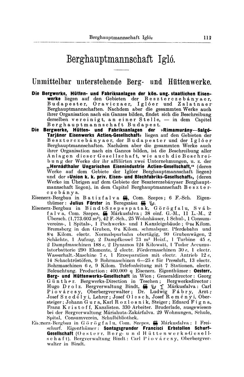 Berghauptmannschaft Igló; III Berghauptmannschaft Igló. Unmittelbar unterstehende Berg- und Hüttenwerke. Die Bergwerke, Hütten- und Fabriksanlagen der kön. ung.