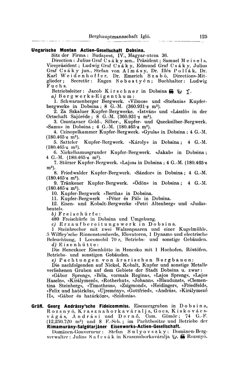 Berghauptmannschaft Zalatna. 125 Ungarische Montan Actien-Gesellschaft Dobsina. Sitz der Firma : Budapest, IV., Magyar-utcza 30. Diroction : Julius Graf C s á k y sen.