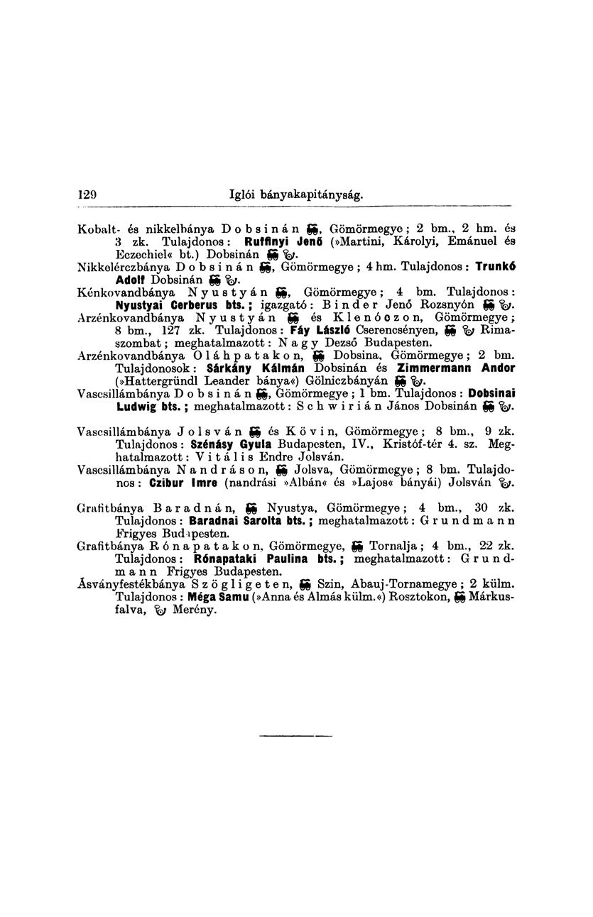 129 Iglói bányakapitányság. Kobalt- és nikkelbánya Dobsinán gg, Gömörmegye ; 2 bm., 2 hm. és 3 zk. Tulajdonos: Ruffinyi Jenő (»Martini, Károlyi, Emánuel és Eczechiel«bt.) Dobsinán gg fa.