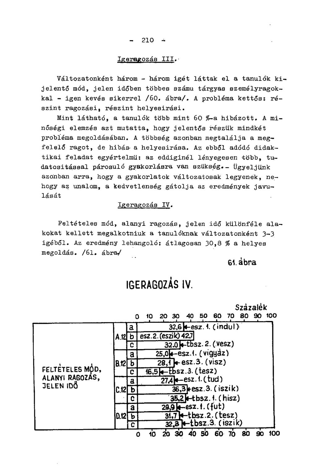 - 210 - Igeragozás III. Változatonként három - három igét láttak el a tanulók kijelentő mód, jelen időben többes számú tárgyas személyragokkal - igen kevés sikerrel /60. ábra/.