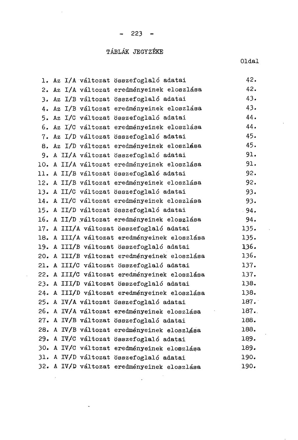 - 223 - TÁBLÁK JEGYZÉKE Oldal 1. Az I/A változat összefoglaló adatai 42. 2. Az I/A változat eredményeinek eloszlása 42. 3. Az I/B változat összefoglaló adatai 43. 4. Az I/B változat eredményeinek eloszlása 43.