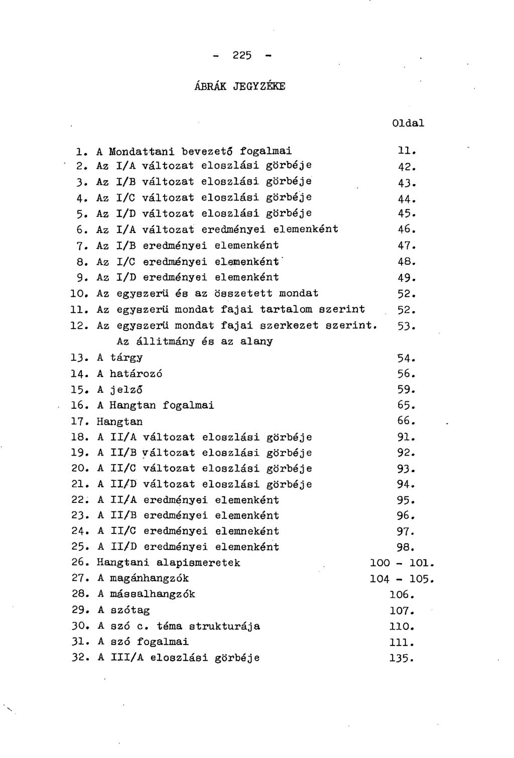 - 225 - ÁBRÁK JEGYZÉKE Oldal 1. A Mondattani bevezető fogalmai 11. 2. Az I/A változat eloszlási görbéje 42. 3. Az I/B változat eloszlási görbéje 43. 4. Az I/C változat eloszlási görbéje 44. 5.