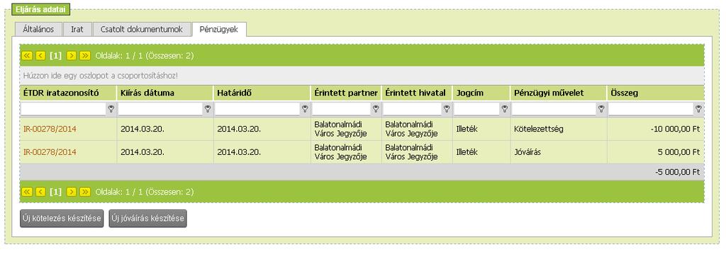 a kérelmezői oldal online felületén az Eljárás adatai dobozban a Pénzügyek fül alatt csupán ellenőrzésre van mód, míg a hatósági oldalon fizetési kötelezettségek előírásának rögzítésére és azok