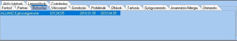 Biztosítás A beteg kartonhoz tartozó Biztosítás panel adatainak