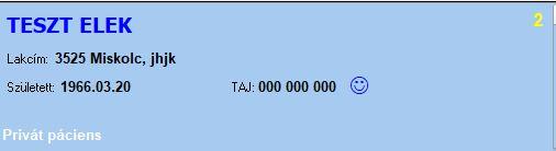 Információs szekció és információs-karbantartó fülek az ablak felső részében Ez a szekció a beteg adatait jeleníti meg, titkosított betegnél csak a beteg nevét.