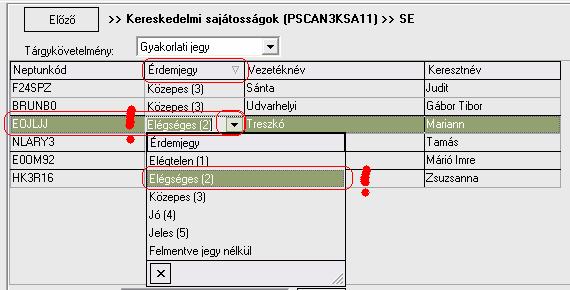 Továbbá adjuk meg a Bejegyzés dátumát és az aktuális megjegyzésünket a Megjegyzés rovaton. Az Általános adatok megadása után a következő módon írhatjuk be a jegyeket az adott hallgatóknak.