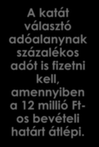 Fizetése A katát választó adóalanynak százalékos adót is fizetni kell, amennyiben a 12 millió Ftos bevételi határt átlépi.