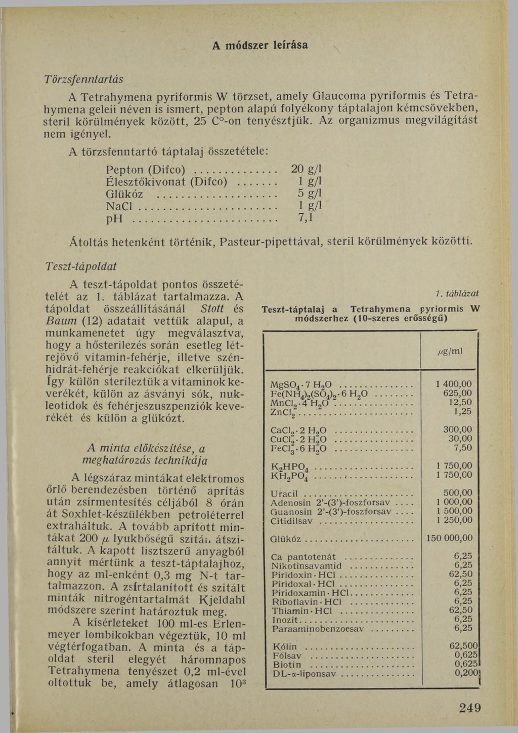 A módszer leírása Törzsfenntartás A Tetrahymena pyriformis W törzset, amely Glaucoma pyriformis és Tetrahymena geleii néven is ismert, pepton alapú folyékony táptalajon kémcsövekben, steril