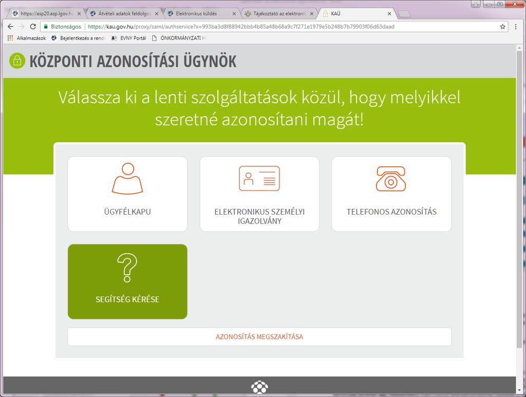 A Bejelentkezés gombra kattintva megjelenik a Központi Azonosítási Ügynök