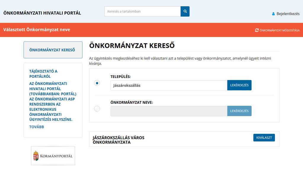 A Válasszon Önkormányzatot gomb megnyomása után