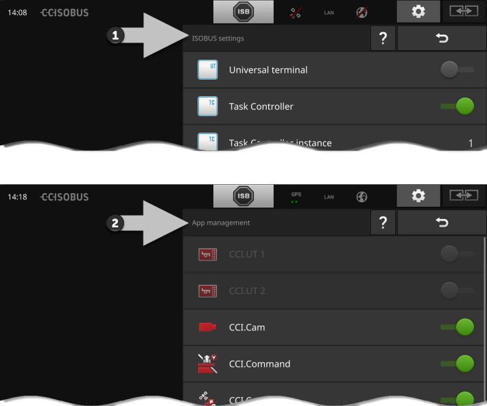 Beállítások ISOBUS beállítások A terminál az ISOBUS-on az alábbi funkciókat kínálja: Universal Terminal, AUX-N, Task-Controller, TECU, File Server. Gyárilag valamennyi ISOBUS funkció aktiválva van.