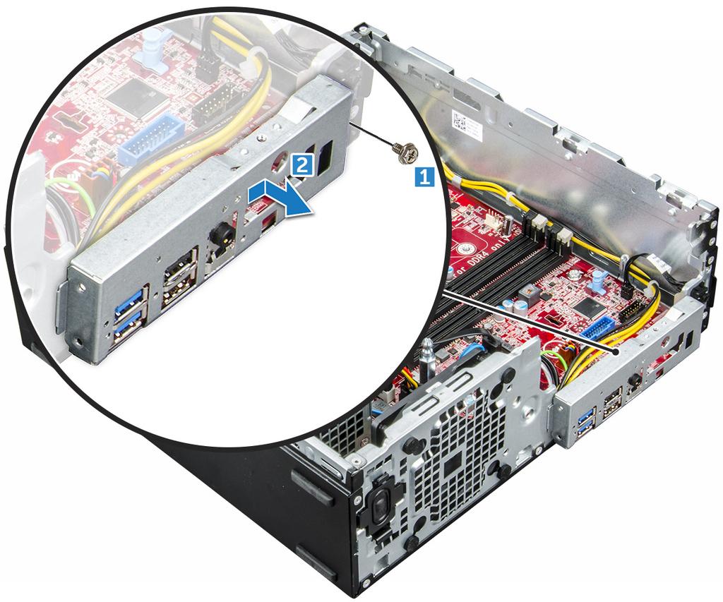 e f g h i j hűtőborda processzor bővítőkártya memóriamodul M.2 PCle SSD SD kártya olvasó 3 Az I/O panel eltávolítása: a Távolítsa el az I/O-panelt rögzítő csavart [1].