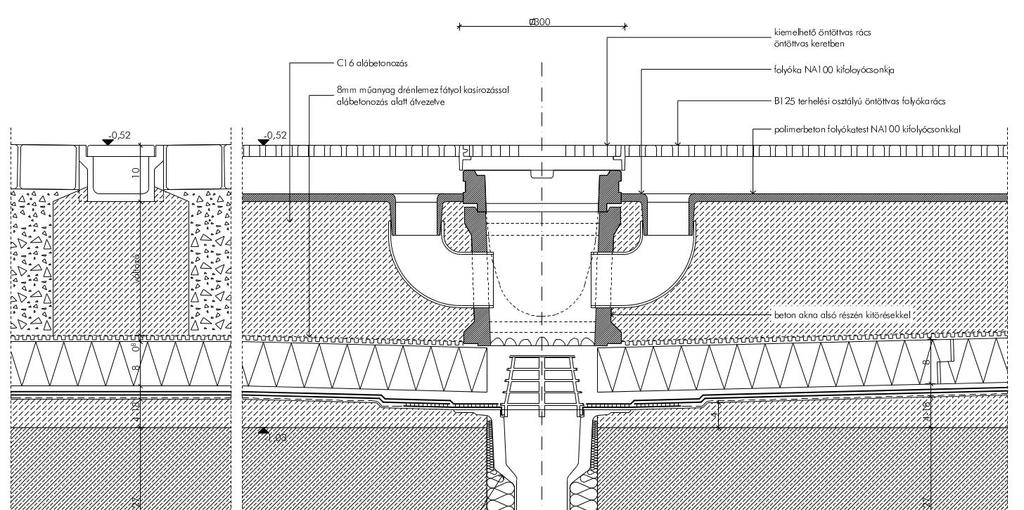 FORDÍTOTT BELSŐ VÍZELVEZ VÍZÁTER.BURK. A burkolat vonalra (folyókára), a szigetelés pontra lejt.