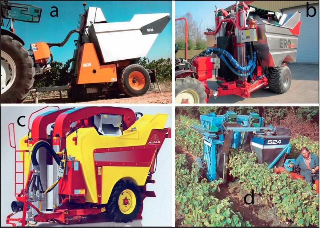 2. ábra. Vontatott szőlőbetakarító gépek (pellenc.com, ero-geraetebau.de, almafrance. com, en.tec24.com) A traktorvontatású gépek közül a Pellenc Towed 8030 (2. ábra, a), az ERO H1 TR (2.