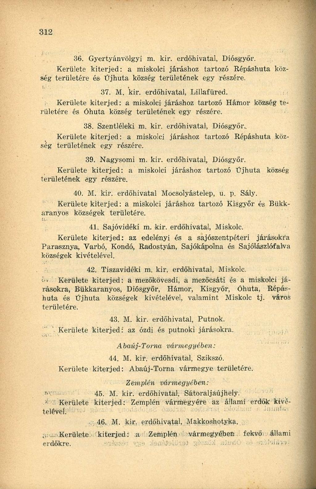 36. Gyertyánvölgyi m. kir. erdőhivatal, Diósgyőr. Kerülete kiterjed: a miskolci járáshoz tartozó Répáshuta község területére és Űjhuta község területének egy részére. 37. M. kir. erdőhivatal, Lillafüred.