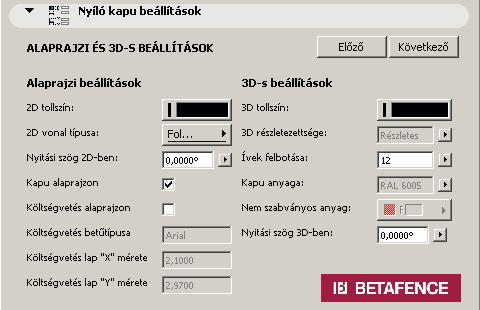 3.2. Alaprajzi és 3D-s beállítások oldal. Az első oldalról a Következő feliratú ikon rákattintásával érhető el. A 2D tollszín paraméter határozza meg az alaprajzi megjelenítés tollszínét.