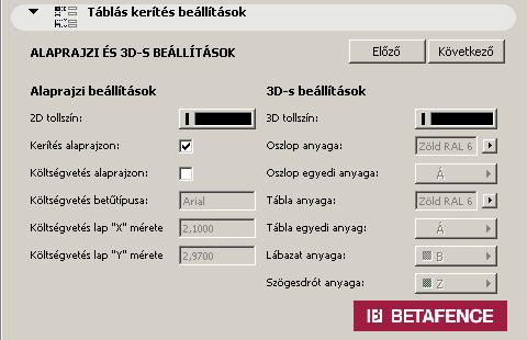 1.2. Alaprajzi és 3D-s beállítások oldal. Az első oldalról a Következő feliratú ikon rákattintásával érhető el. A 2D tollszín paraméter határozza meg az alaprajzi megjelenítés tollszínét.