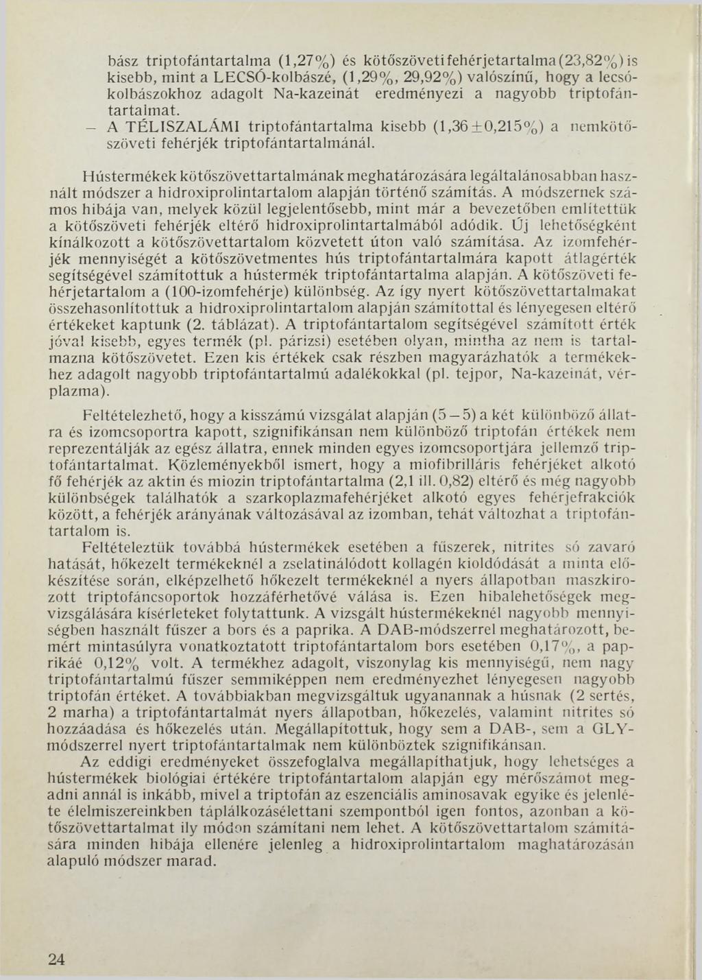 bász triptofántartalma (1,27%) és kötőszöveti fehérjetartalma (23,82%) is kisebb, mint a LECSÓ-kolbászé, (1,29%, 29,92%) valószínű, hogy a lecsókolbászokhoz adagolt Na-kazeinát eredményezi a nagyobb