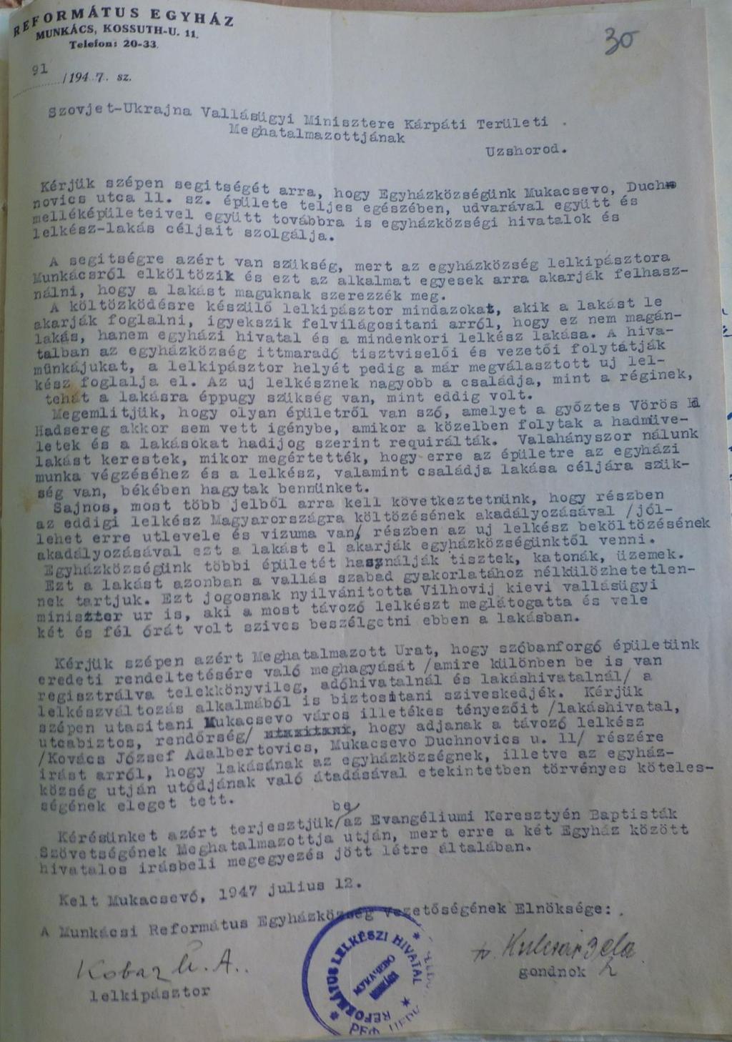 3. számú melléklet: A református egyház kérelme Szovjet-Ukrajna Vallásügyi
