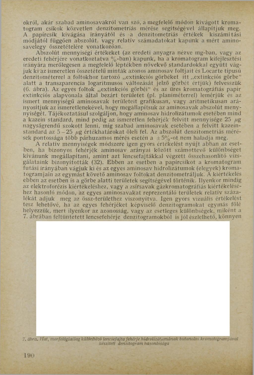 okról, akár szabad aminosavakról van szó, a megfelelő módon kivágott kromatogram csíkok közvetlen denzitometriás mérése segítségével állapítjuk meg.