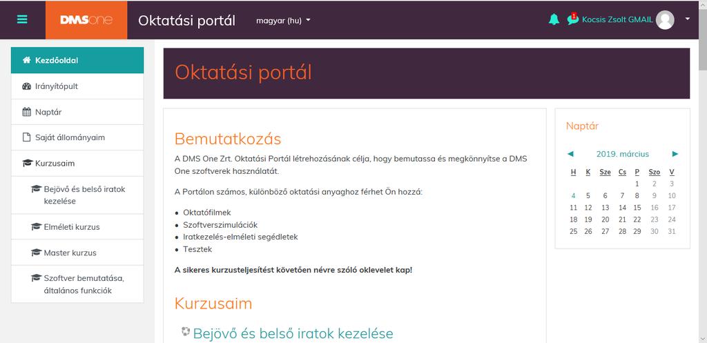 A bejelentkezést követően megjelenik az Oktatási Portál Kezdőoldala: Az oldal jobb felső