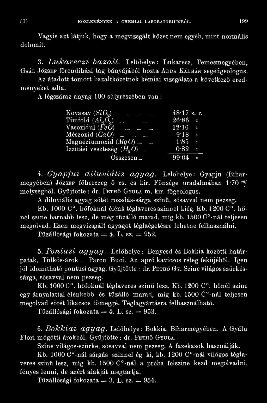 Pethő Gyula m. kir. főgeologus. A diluviális agyag sötét rozsdás-sárga színű, sósavval nem pezseg. Kb. 1000 C. hőfoknál élénk tégla veres színnel kiég. Kb. 1200 C.
