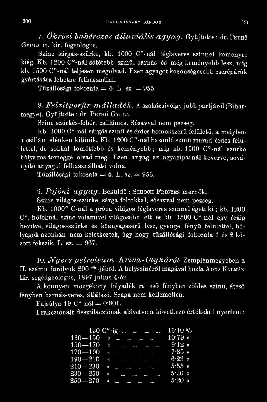 1500 C -nál szürke hólyagos tömeggé olvad meg. Ezen anyag az agyagiparnál keverve, soványító anyagul felhasználható volna. Tűzállósági fokozata = 4. L. sz. = 956. 9. Pojéni agyag.