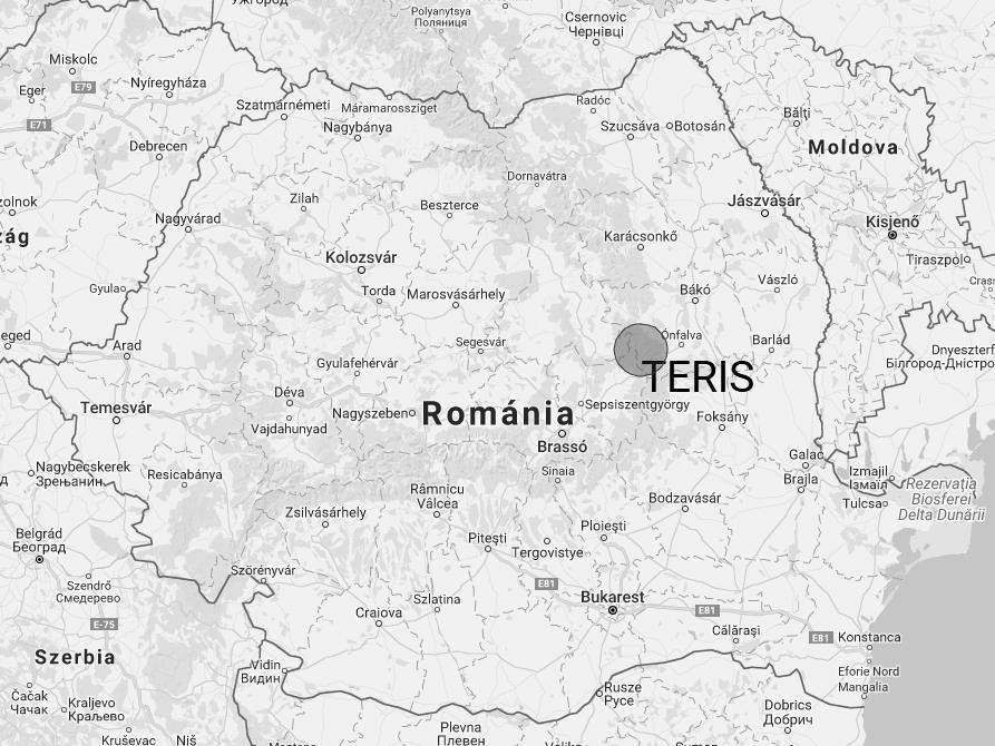 7. ábra. A Teris családnév nyelvföldrajza a jelenkor romániai telefonkönyvekben (2012) A térkép forrása: OttoMotor.