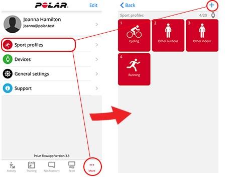A Polar Flow webes felületen: 1. Kattints a nevedre/profilodra a jobb felső sarokban. 2. Válaszd ki a Sport Profiles (sport profilok) lehetőséget. 3.