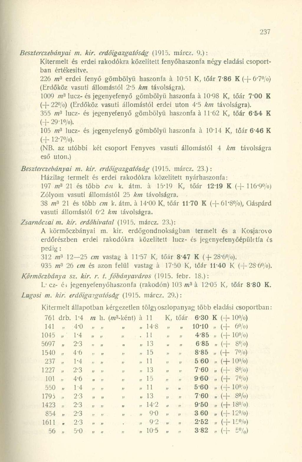 Beszterczebányai m. kir. erdőigazgatóság (1915. márcz. 9.): Kitermelt és erdei rakodókra közelitett fenyőhaszonfa négy eladási csoportban értékesítve.
