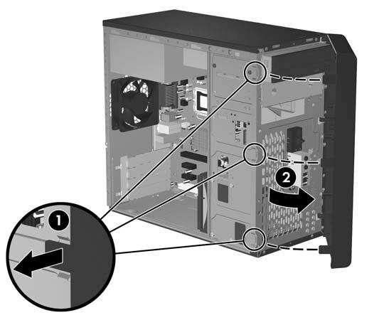 5. Az előlap eltávolításához húzza kifelé az előlap bal oldalán található mindhárom rögzítőfület (1), majd az előlap balról jobbra történő elforgatásával (2) válassza le azt a számítógépházról.