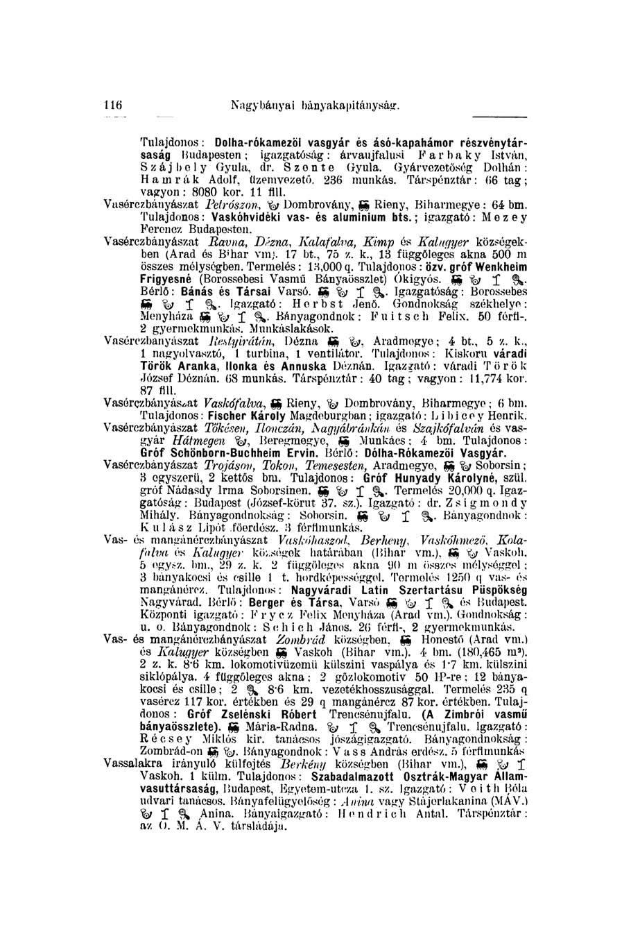 116 Nagybányai bányakapitányság. Tulajdonos: Dolha-rókamezöi vasgyár és ásó-kapahámor részvénytársaság Budapesten; igazgatóság: árvaujfalusi Farbaky István, Száj boly Gyula, dr. S zen te Gyula.