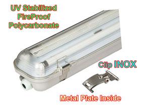 64 kg 372 Ft T8 LED tube fixture housing with G13 Mono side power Tri-Proof WaterProof, DustProof, CorosionProof IP Rating: IP65 INDOOR / OUTDOOR Material: PC/PC (FireProof Polycarbonate) 4ft -18W-