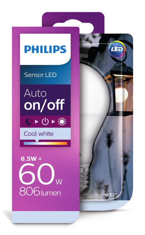 PHILIPS LED Fényforrás 6,5 W (60 W) E27 Hideg fehér Nem szabályozható Nappali és éjszakai fényérzékelő LED-es