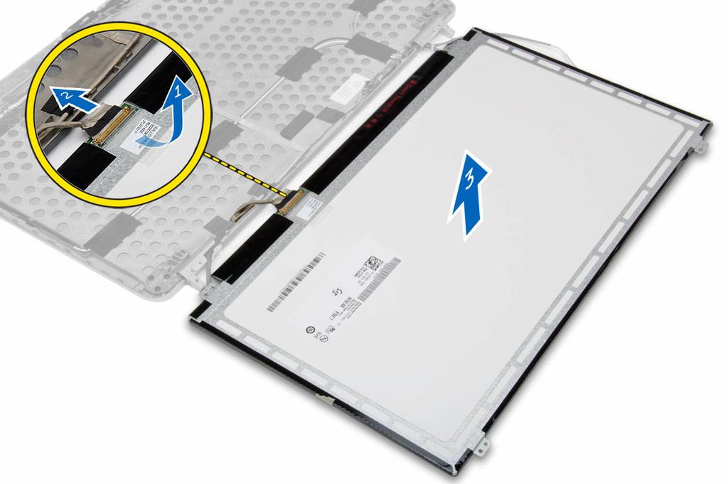 5. Fejtse le az LVDS kábelcsatlakozó szalagot, és csatlakoztassa le a LVDS kábelt a kijelzőpanelről. Távolítsa el a kijelzőpanelt a kijelzőszerkezetről. A kijelzőpanel beszerelése 1.