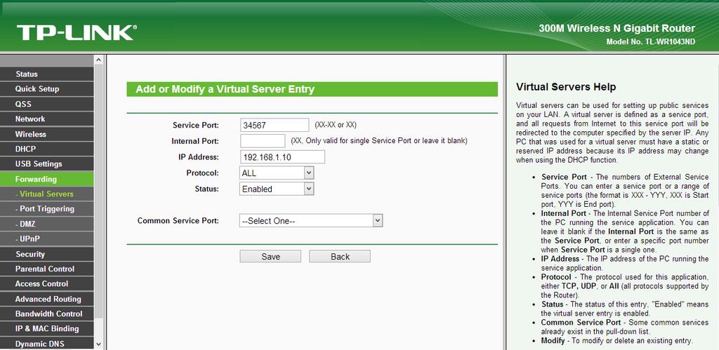 52. ábra Virtual servers 53. ábra Virtual server beállítás [Service Port] a kamera által használt port: 34567 [IP Address] a kamera IP címe (pl: 192.168.