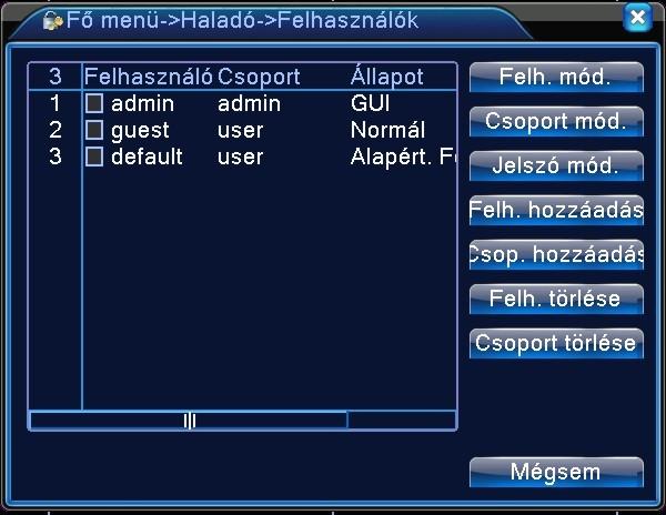 1.38 Hozzáférés Beállíthatja a felhasználó hatáskörét. 65. ábra Felhasználó management Megjegyzés: 1. A felhasználó és csoport név hosszúsága legfeljebb 8 byte/bájt.