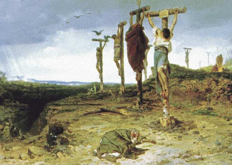 Ott azután a kéztőcsontok és lábtőcsontok között erős vasszegeket ütöttek át, amelyekkel a kereszthez rögzítették a szerencsétleneket.