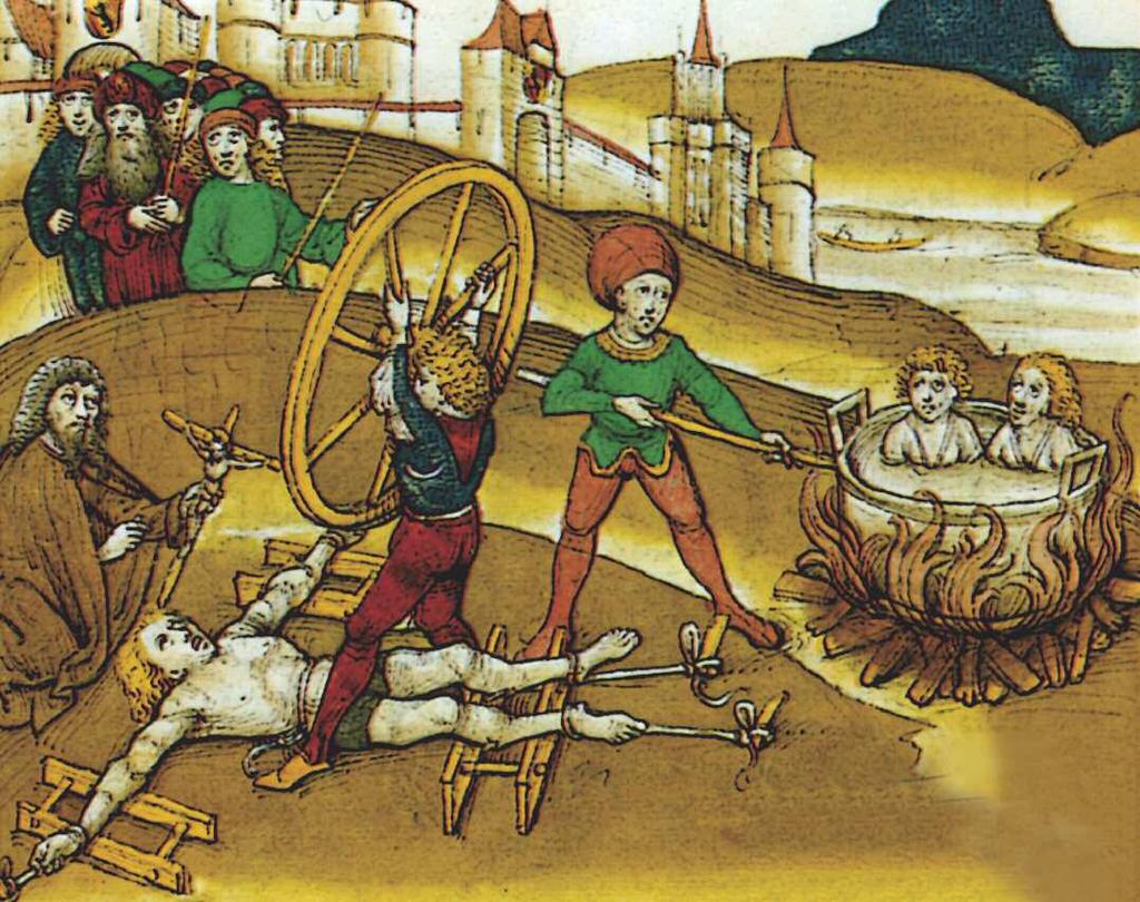 kerékbe törés és megfőzés a középkorban nagyobb sikernek örvendett a kettéfűrészelés. Ilyenkor az áldozatot fejjel lefelé akasztották fel két oszlopra a lábainál fogva.