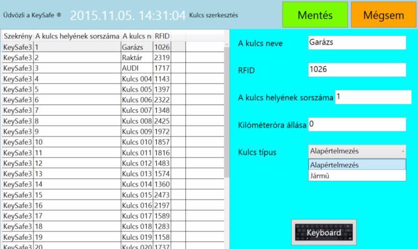 Kulcsfelhasználói (fiók- és rekesznyitási) jogok szerkesztése Kulcs szerkesztése Az Admin menü Kulcsszerkesztés menüpontjában tudjuk elnevezni az egyes kulcsokat, pl.