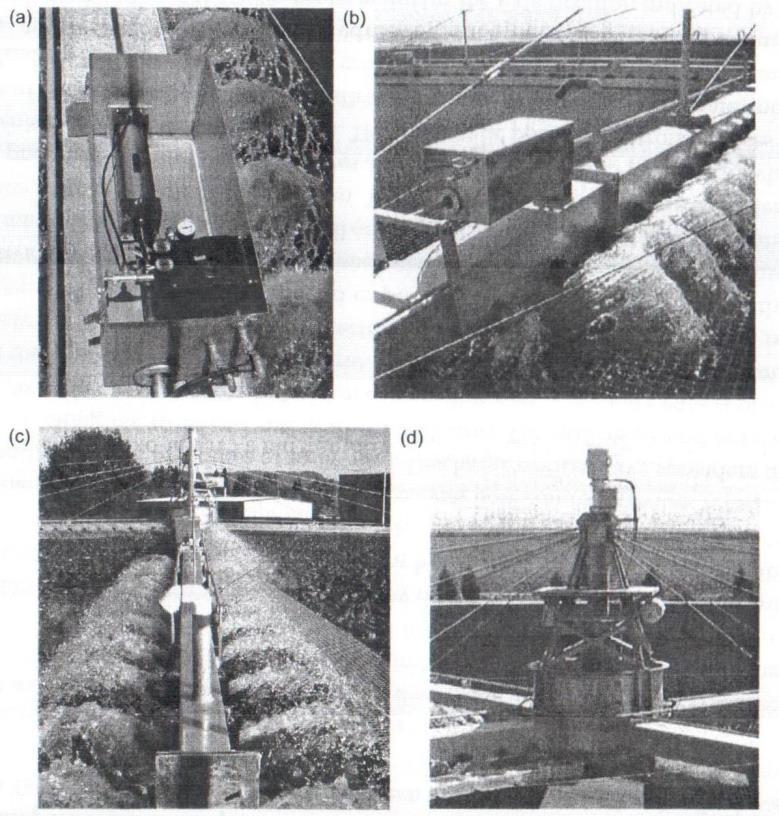 5.7. ábra: Modern, hidraulikusan hajtott forgó elosztó rendszer (a), folyadék mennyiség szabályzó (b), a folyadék kiáramlás az elosztó vezetékből (c), és az elosztó rendszer központi részének a