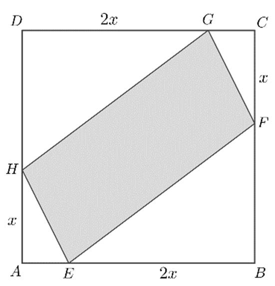 1. Az ABCD négyzet oldalai 4 méter hosszúak. A négyzetbe az ábrán látható módon az EFGH paralelogrammát írjuk. Az AH és a CF szakasz hossza x méter, a BE és a DG szakasz hossza 2x méter (0 < x < 2).