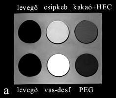 4. fejezet EREDMÉNYEK 4.18. ábra A magyar és holland kakaó vízzel, illetve polietilénglikollal (PEG) alkotott keverékének MR ábrázolódása. (csipkeb. - csipkebogyó) a) T1 SE. b) T2 FSE.