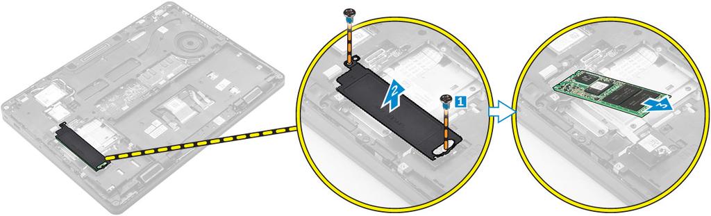 Az opcionális PCIe SSD meghajtó beszerelése Ha a számítógépet PCIe SSD meghajtóval szállították, végezze el a következő lépéseket. 1 Helyezze az SSD kapcsot a számítógépben lévő foglalatba.