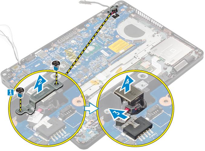 Tápcsatlakozóport A tápcsatlakozó port eltávolítása 1 Kövesse a Mielőtt elkezdene dolgozni a számítógép belsejében című fejezet utasításait.