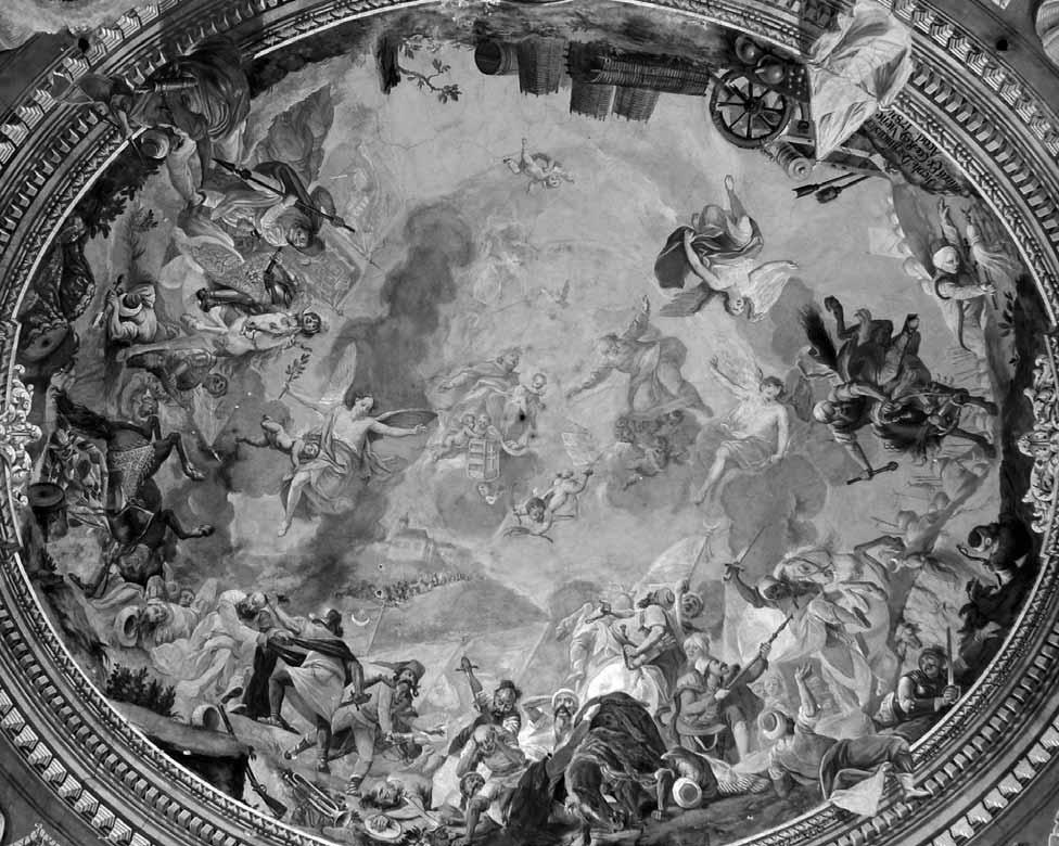 AZ ERÉNYEK NEMESSÉGE 2. Dorffmaister István: A szentgotthárdi csata, 1784 Szentgotthárd, ciszterci templom, mennyezetfreskó (fotó: Gaylhoffer-Kovács Gábor) alakjai jelentik.
