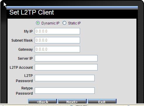 L2TP: If connected to the Internet using a L2TP (Dial-up xdsl) connection and the ISP provides a